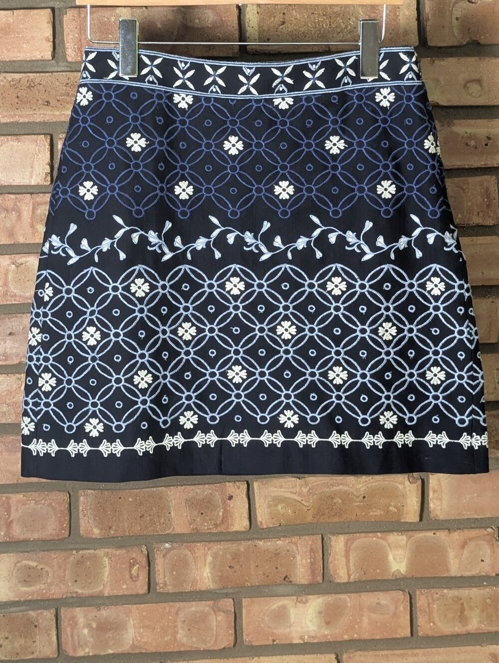 LOFT Navy Embroidered A-Line Skirt - Blue & White